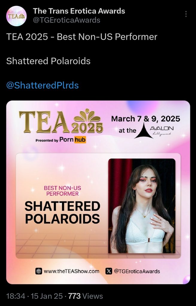 A tweet from @TGEroticaAwards announcing that I had been nominated for Best Non-US Performer at the 2025 Trans Erotica Awards (TEAs)